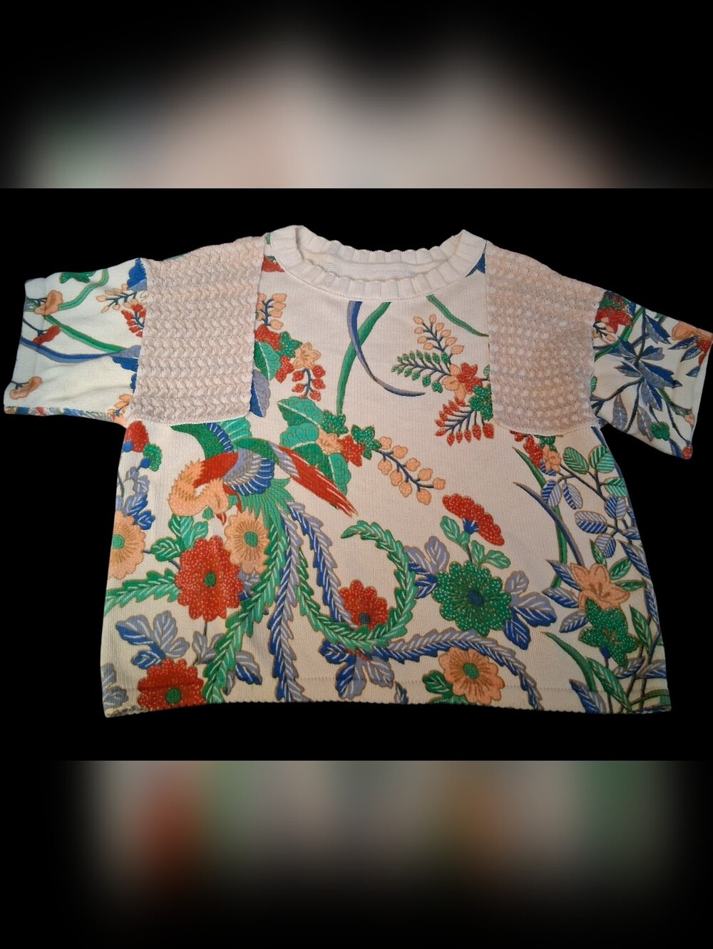 Anthropologie Fabiola floral crochet overlay short sleeve sweater